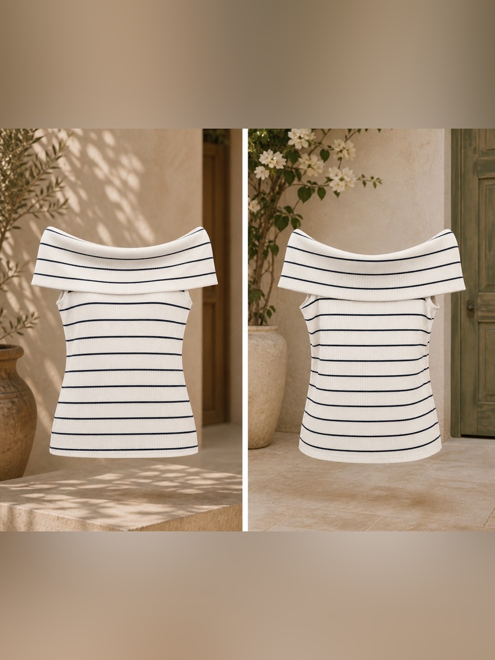 a new day Cream Off-the-Shoulder Ribbed Sweater with Black Stripes
